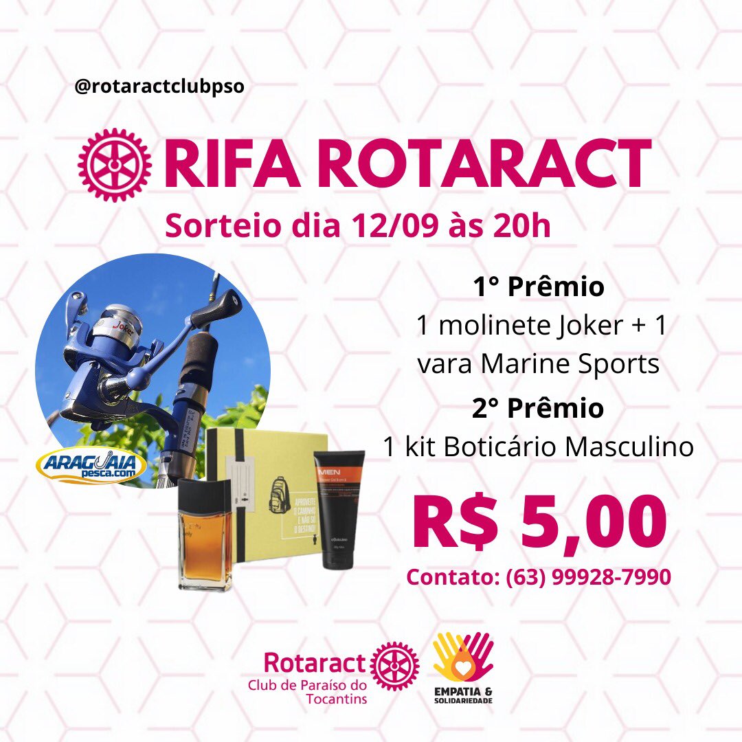 rotaractpso's tweet photo. Pexual, tô vendendo rifa q os prêmios são os seguintes:

*1° Prêmio:
1 molinete Joker + 1 vara Marine Sports 

*2° Prêmio:
1 kit Boticário Masculino 

* Custa só 5 reais
* Pessoas de cidades fora de Paraíso do Tocantins podem comprar (nesse caso, o frete é por conta do ganhador) https://t.co/wqEXUT8iYO