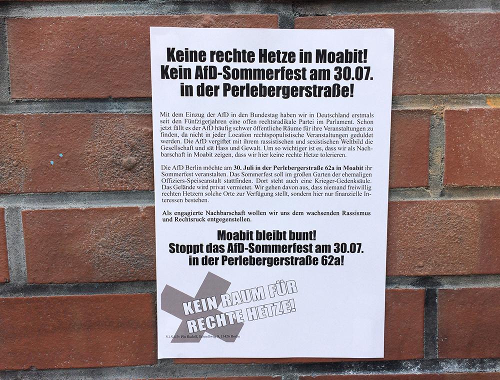 noafdberlin's tweet photo. In #Moabit sind Flugblätter aufgetaucht gegen das Sommerfest der Berliner #AfD, das am Donnerstag den 30. Juli in einem Garten in der Perlebergerstraße 62a stattfinden soll. Die Nachbarschaft ist nicht begeistert über die rechte Corona-Party. #noAFD #B3007 #noAFD_B @BBgegenRechts https://t.co/mOKDvvs1Ah