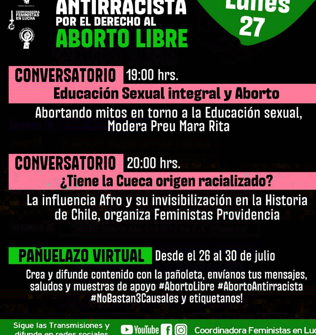 CFLChile's tweet photo. Hoy inician las actividades de nuestra Semana por el Aborto Libre y Antirracista.

Les invitamos a sumarse a través de nuestras redes sociales...se viene una gran semana!

#AbortoLibre #AbortoAntirracista #30julioAbortoLibre #8AñosMarchando https://t.co/E8qkkPaJNW