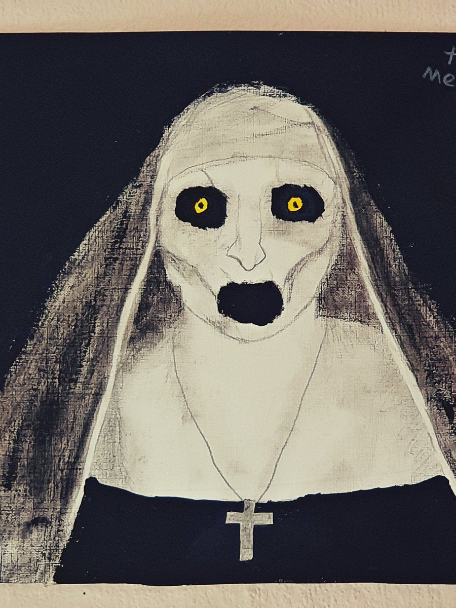 vic_ev's tweet photo. Drawing done by my 13 year old daughter, she knows I love The Conjuring, got the pic off the Internet to draw &amp; now I'm totally freaked me out &amp; I've had to put it on the wall 🙈 #thenun @TheConjuring #theconjuring @patrickwilson73 @VeraFarmiga #scary #soscared #isshefollowingme? https://t.co/k9DchWHskI