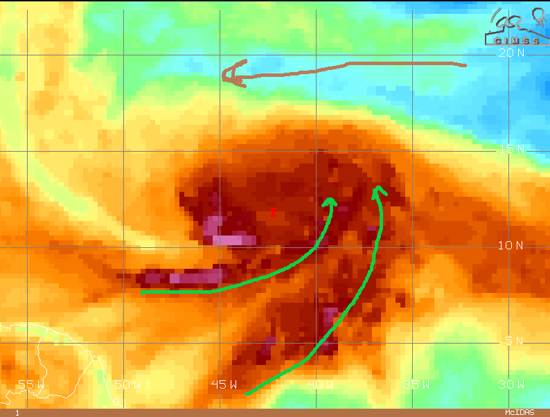 Zoom in shows in inflow well and the strong, dry easterly jet across the northern portion of the wave