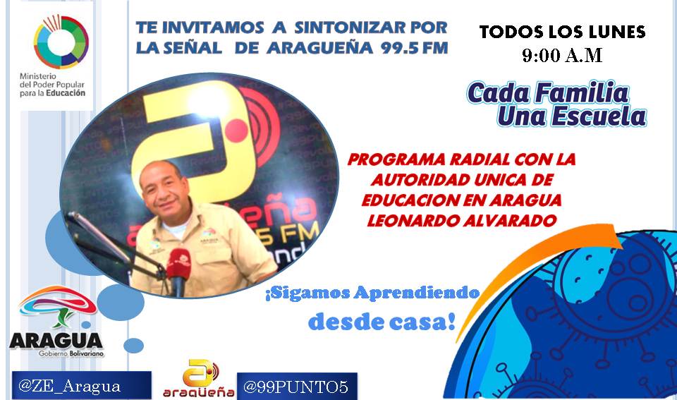 Te invito hoy 9:00am a sintonizar el programa radial N°16 "Cada Familia Una Escuela" por la señal de <a href="/99Punto5/">Aragüeña 99.5 FM</a> 
¡Juntos Todo Es Posible! 
<a href="/NicolasMaduro/">Nicolás Maduro</a> @psuvaristobulo 
#LaSaludEsPrimero
@MPPEDUCACION <a href="/RosangelaOrozco/">Rosangela Orozco</a> <a href="/RMarcoTorres/">Rodolfo Marco Torres</a> <a href="/familiaescuela1/">Cada Familia Una Escuela</a>