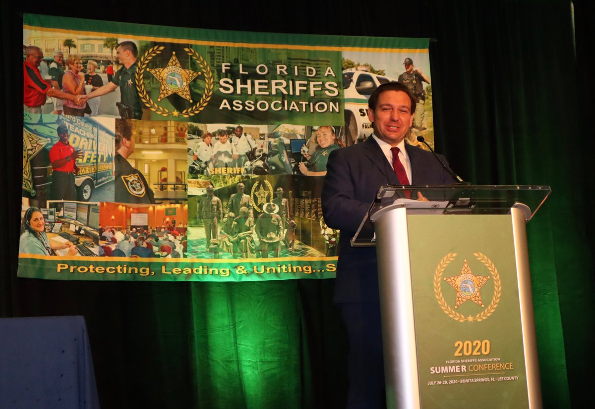 FLSheriffs's tweet photo. Florida's sheriffs appreciate @GovRonDeSantis for attending our Summer Meeting today to update us on what the state is continuing to do to safely reopen and highlight the steps we will take to keep the #Florida crime rate at a 49-year low. #FLSheriffs #LawEnforcement #FlaPol https://t.co/hg2gfCJMO4