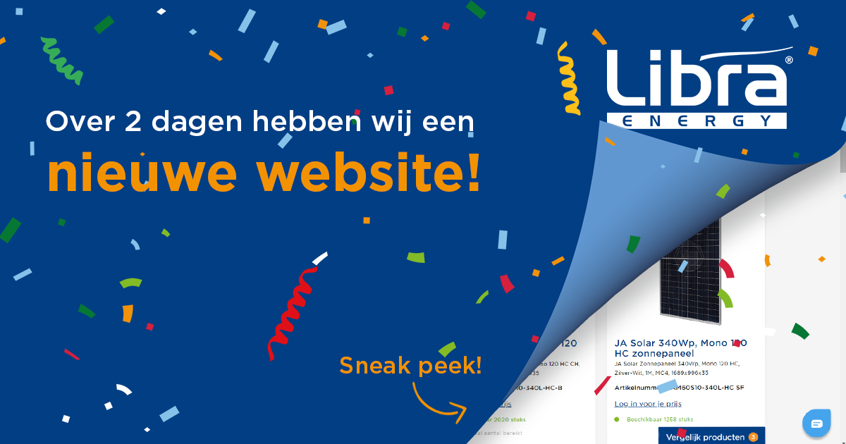 Het is bijna zover; over 2 dagen lanceren wij onze gloednieuwe website! Houd onze pagina in de gaten om er zeker van te zijn dat je dit niet mist.

#libraenergy #duurzaamheid #groothandel #webshop #pv
