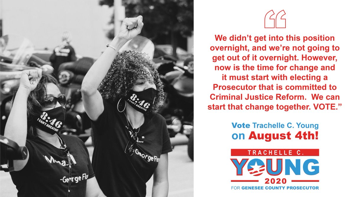TYforprosecutor's tweet image. “Now is the time for change and it must start with electing a Prosecutor that is committed to Criminal Justice Reform.  We can start that change together. VOTE.”  — Trachelle C. Young for Genesee County Prosecutor #MondayMotivation #YoungForProsecutor