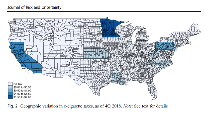 E-cig taxes were adopted in ten states and two large counties between 2011 to 2018, with the taxes ranging from $0.05 per ml to $1.82 per fluid ml by the end of 2018. Cigarette taxes meanwhile increased in 21 states and five counties over the same time period. 2/12