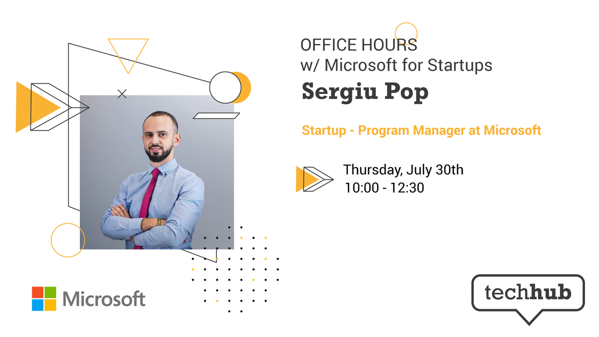 Did you know your startup may benefit from the <a href="/msft4startups/">Microsoft for Startups</a> program?
Apply for a 1-on-1 meeting with Sergiu Pop, Startup – Program Manager at <a href="/Microsoft/">Microsoft</a>.
Details 👉 bit.ly/2D13dMM
Apply here 👉 bit.ly/3hqEnFf
#officehours #microsoft4startups #techhub
