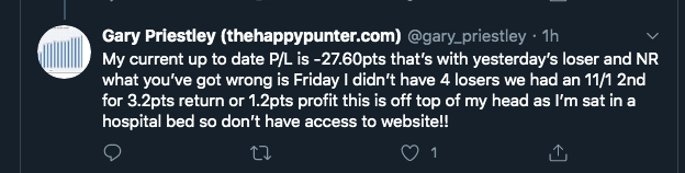 Tip_Advisor1's tweet photo. So…. after tweeting on Saturday that 'disappointment is an understatement' about Fridays 4 runners - all of a sudden @gary_priestley is claiming he made a profit... 
@EdgeRacing3 @TonyBongeordie
@iloveapunt
@Andyp06971778
@stevedeltasix
#YouCouldntMakeItUp https://t.co/RZ7y83sFJF