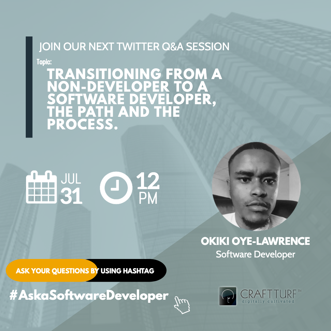 craftturf's tweet photo. 5 days to this month's edition of #AskaSoftwareDeveloper with @oyelaw. Get your questions and comments ready and he will be sharing from his wealth of knowledge and experience. https://t.co/b352yl61t2