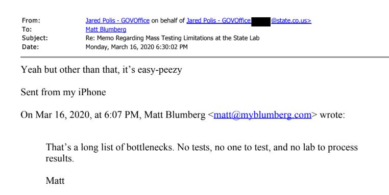 On March 16th, Gov. Jared Polis knew he had a problem. The state lab, run by CDPHE, was overwhelmed. Private labs were too. Emails reveal he turned to an email marketing executive, Matt Blumberg, for help.
