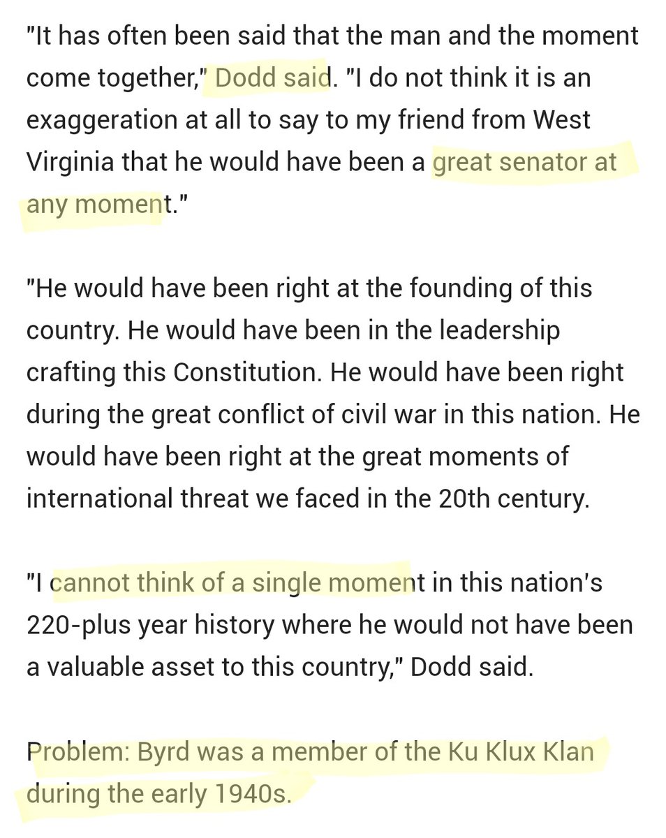 ReecieColbert's tweet photo. I wonder if Chris Dodd's abhorrence to Kamala saying it's wrong to praise segregationists has anything to do with his praising a former KKK who voted against the Civil Rights Act "cannot think of a single moment...where he would not have been a valuable asset to this country". https://t.co/ayoGwVqIDo