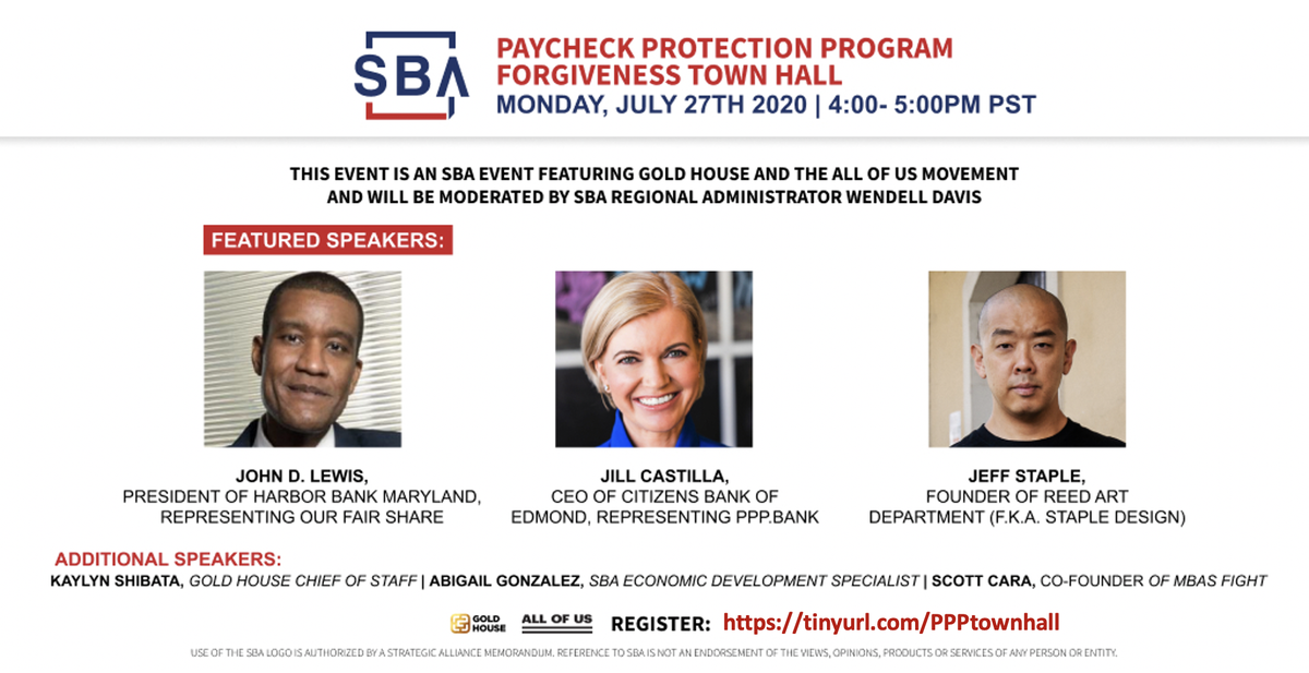 allofusmove's tweet photo. Join us TODAY @4pm PT for a virtual Town Hall on Paycheck Protection Program Forgiveness hosted by @sbagov ft @goldhouseco @theallofusmove https://t.co/2NOzdsCe16 https://t.co/gdPa29YSIY