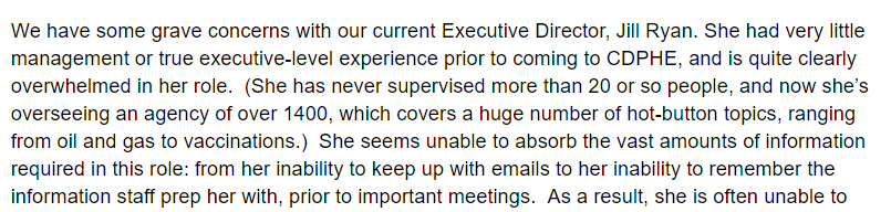 Part of the problem traces back to Jill Hunsaker Ryan, the executive director of CDPHE. An anonymous email was sent to Polis' office in Nov 2019 warning of a "brain drain."