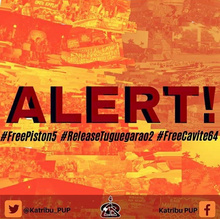 KATRIBU_PUP's tweet photo. ALERT:
98 individuals including 5 jeepney drivers in Quezon City, 2 activists from Tuguegarao, and 64 from Cavite were illegally arrested by the police for conducting and joining today's #WakaSONA2020. 

#FREEPISTON5
#FREECAVITE64
#RELEASETUGUEGARAO2

1/4 https://t.co/MeaKbWKKNF