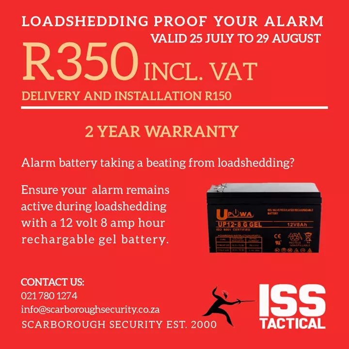 IssTactical's tweet image. Load shedding causing trouble with your alarm battery? Our gel batteries come with an unprecedented 2 year warranty and will ensure that your alarm system is there when you need it!

#WeCare #BeatLoadshedding #StaySafe