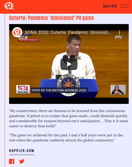 President Duterte: Pandemic 'diminished' PH gains #SONA2020  https://rappler.com/nation/updates-duterte-state-of-the-nation-address-2020