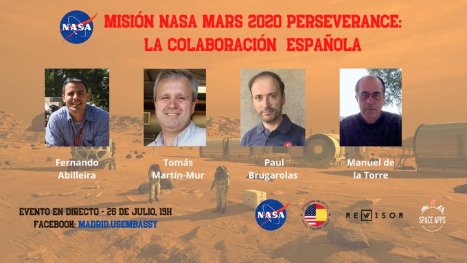 USembassyMadrid's tweet photo. Mañana a las 7pm ¿Quieres hablar con dos científicos y dos ingenieros españoles que trabajan ahora mismo en la misión #NASA2020 que despega en pocos días? Conéctate a través de nuestro Facebook https://t.co/feIfhZzxNY ¿Te lo vas a perder? https://t.co/IhI5cbx4mv