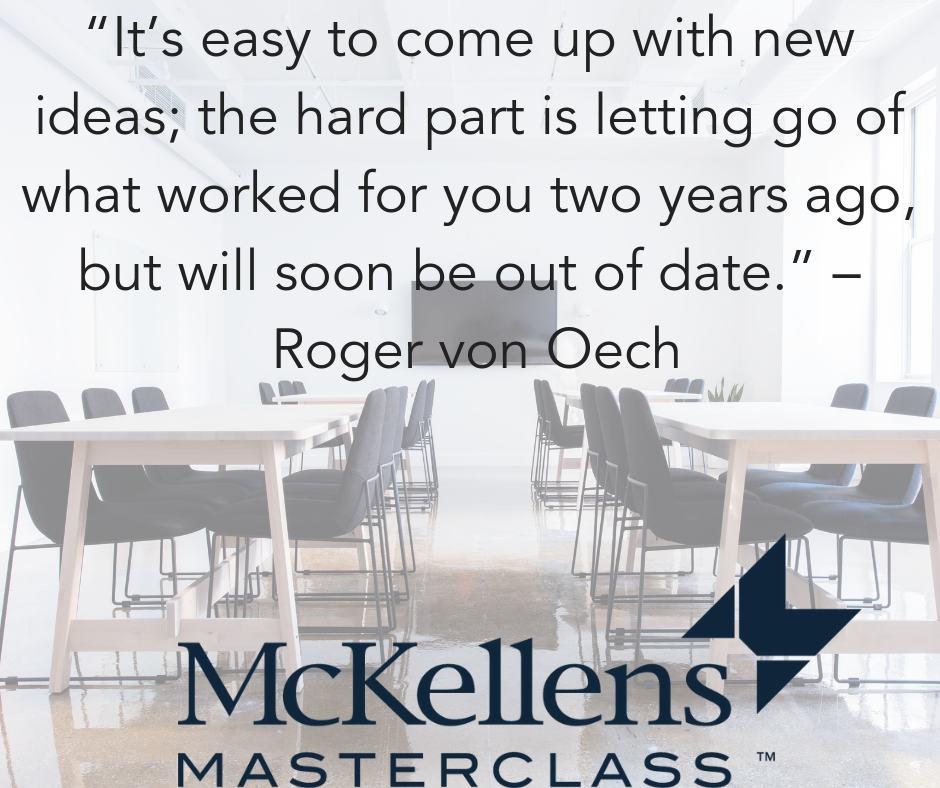 McKMasterclass's tweet photo. When was the last time you came up with a new idea?

Today's Motivation comes from Roger von Oech; creative thinker, business man &amp; author.

Don't get stuck in a rut. What worked for you two years ago may become out of date, experience the new and evolve with your business. 📈 https://t.co/G51eajOiVt