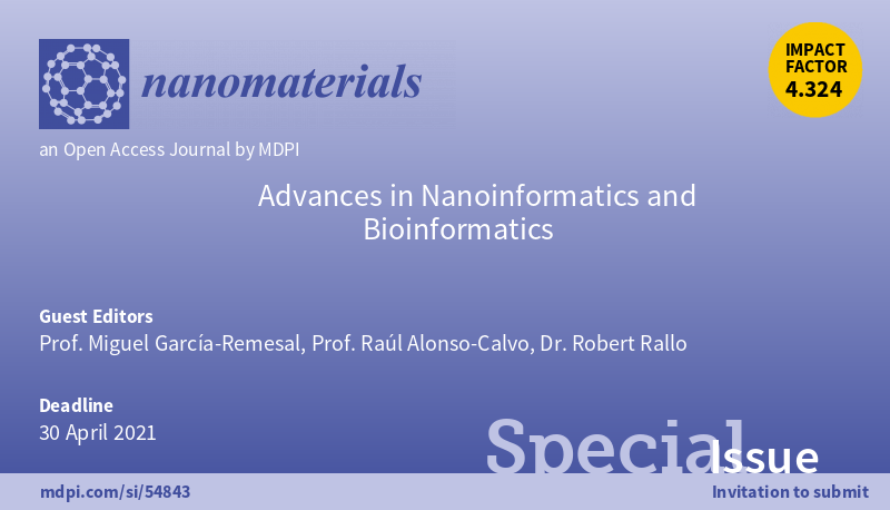 🥳Glad to announce the Special Issue "Advances in Nanoinformatics and Bioinformatics" is open for submission! 
🖌️Guest edited by Prof. Miguel García-Remesal, Prof. Raúl Alonso-Calvo and Dr. Robert Rallo. 
Welcome to contribute! See more details at mdpi.com/journal/nanoma…