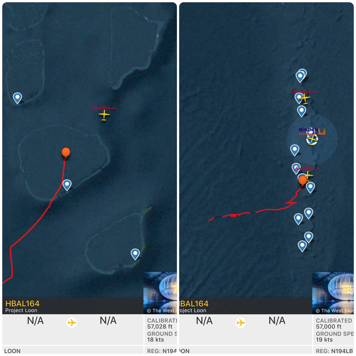 AviatorsMaldive's tweet photo. Project loon balloon HBAL164 over Maldives at 57,000ft. You can observer the balloons flight from Flightradar24 at this moment.
These balloons are designed to bring Internet access to remote regions not served by traditional infrastructure. The helium balloons contain 1/3 https://t.co/p0LpfMg4XO
