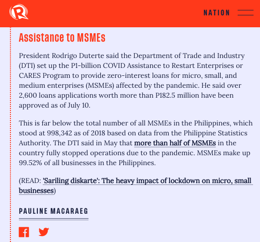 Assistance to MSMEs | via  @paulinemacaraeg  #SONA2020  https://rappler.com/nation/updates-duterte-state-of-the-nation-address-2020
