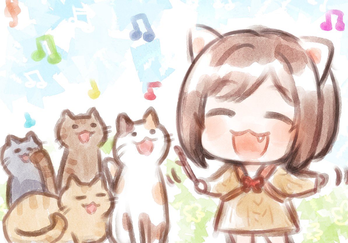 maekawa miku 1girl cat animal ears brown hair cat ears :3 fang  illustration images