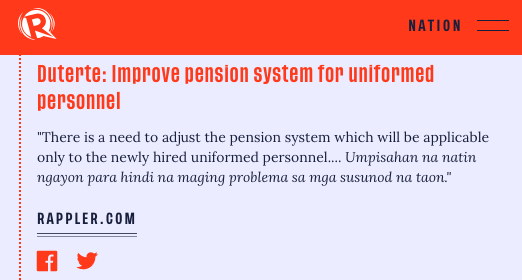 Duterte: Improve pension system for uniformed personnel #SONA2020  https://rappler.com/nation/updates-duterte-state-of-the-nation-address-2020