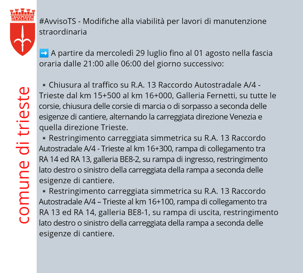 ComunediTrieste's tweet photo. #AvvisoTS - Modifiche alla viabilità per lavori di manutenzione straordinariaa partire da mercoledì 29 luglio fino al 1 agosto nella fascia oraria dalle 21  alle 6 del giorno successivo. 
Zone di intervento ⬇️⬇️⬇️ https://t.co/6uCb3Gtfvh