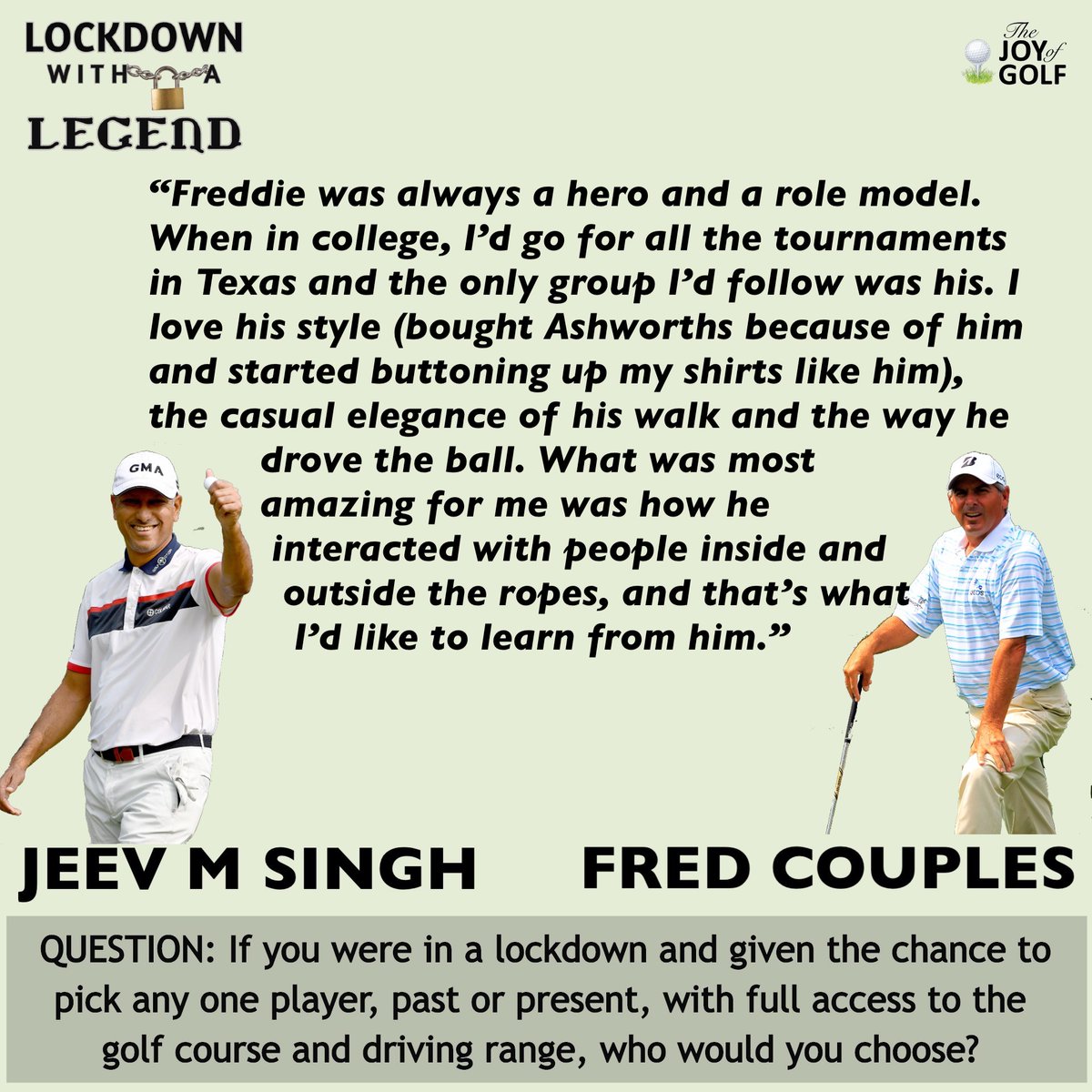 TheJoyofGolf's tweet photo. LOCKDOWN WITH A LEGEND #11

When a legend choses a legend!

@JeevMilkhaSingh is a trailblazer for Indian golf and he'd love the company of his  charismatic style and golf icon, @fredcouplesgolf.

Couples has been a massive influence on Jeev. https://t.co/Mq6gKV2H3v