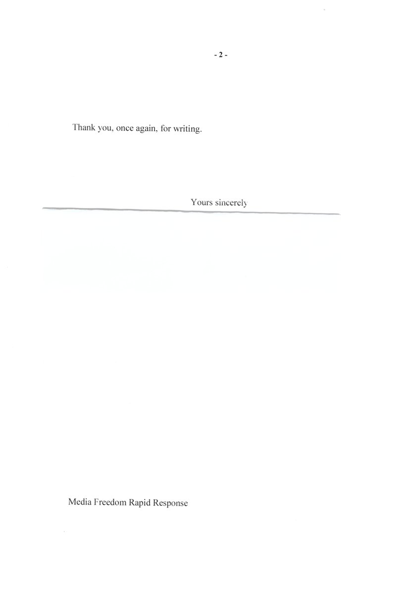 The letter can be read here. Needless to say, we're disappointed with this response & for the absence of any commitment to improve UK Gov engagement with critical journalism & respect for  #MediaFreedom. We will continue to monitor the situation in the UK  #MediaFreedomRR 12/n