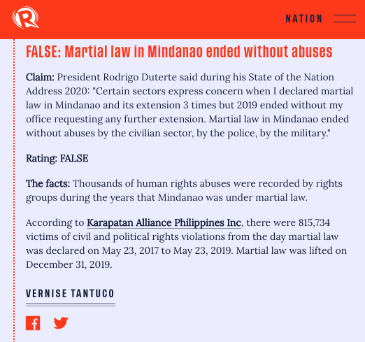 FALSE: Martial law in Mindanao ended without abuses | via  @verntantuco  #SONA2020  https://rappler.com/nation/updates-duterte-state-of-the-nation-address-2020