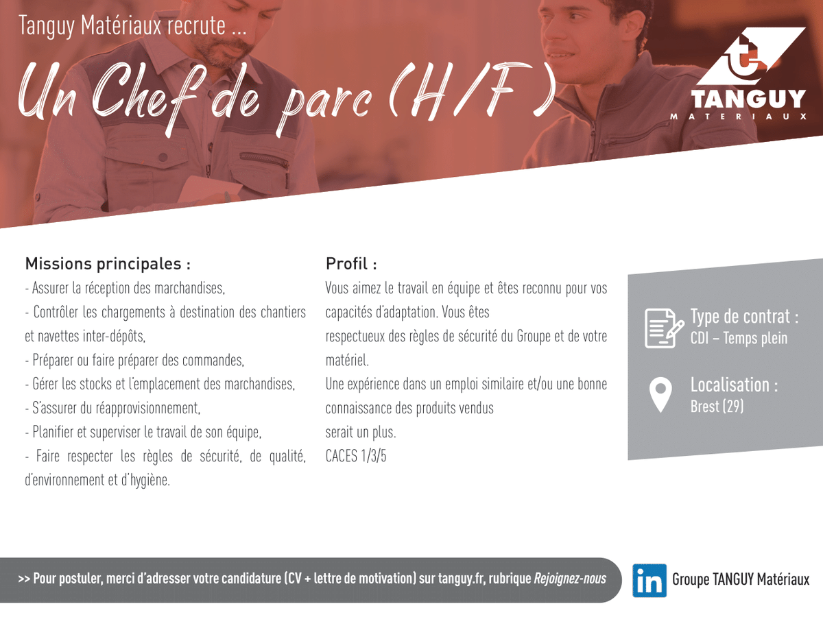groupetanguy's tweet photo. [Recrutements]
La société Tanguy Matériaux recrute pour son agence de Brest (29) un Magasinier Cariste (H/F), un Attaché Technico-commercial Second œuvre et un Chef de parc (H/F).
✔️ Pour postuler, c'est par ici :  https://t.co/gGsl87PGmO https://t.co/THLkasE6gn