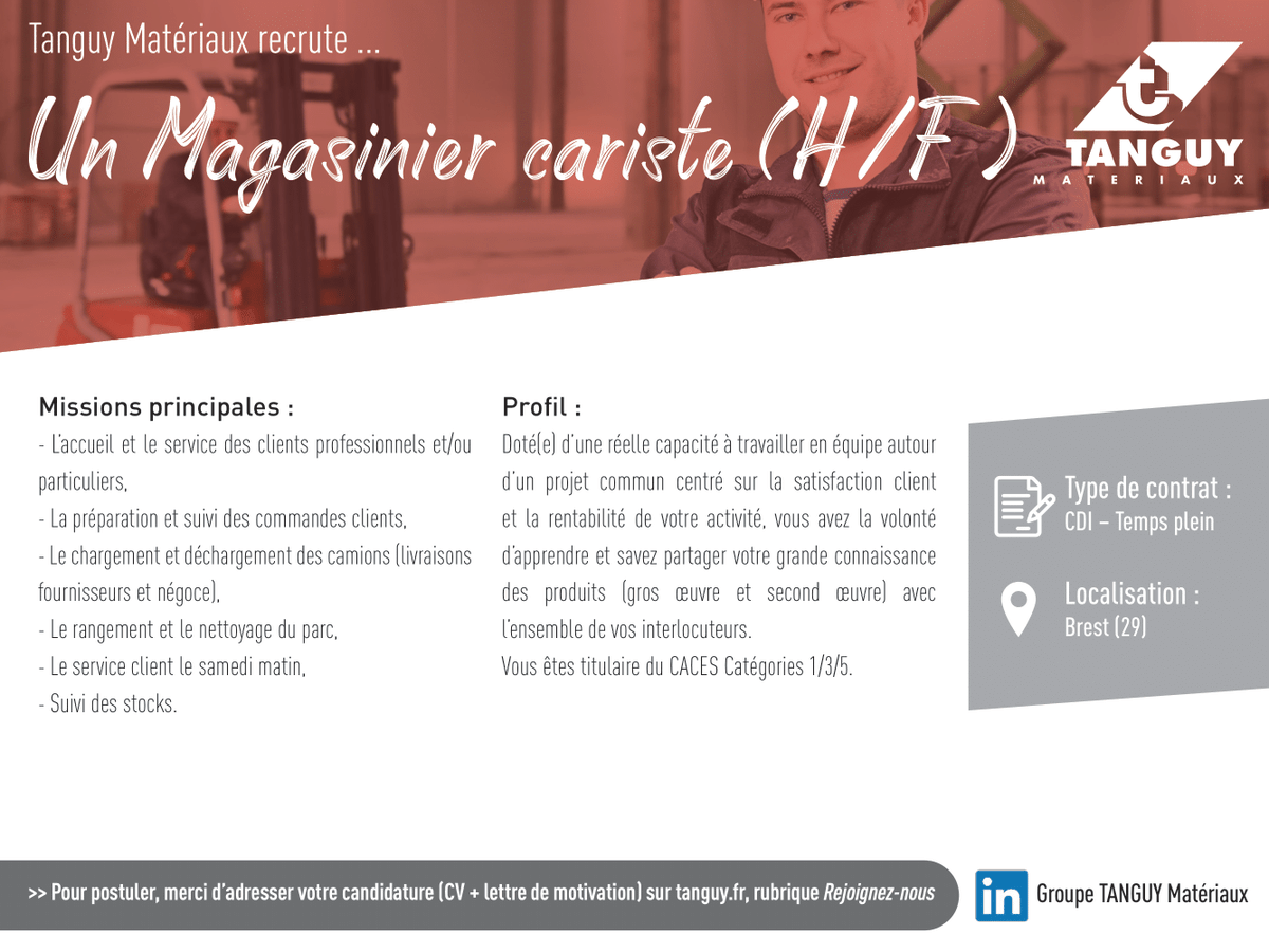 groupetanguy's tweet photo. [Recrutements]
La société Tanguy Matériaux recrute pour son agence de Brest (29) un Magasinier Cariste (H/F), un Attaché Technico-commercial Second œuvre et un Chef de parc (H/F).
✔️ Pour postuler, c'est par ici :  https://t.co/gGsl87PGmO https://t.co/THLkasE6gn