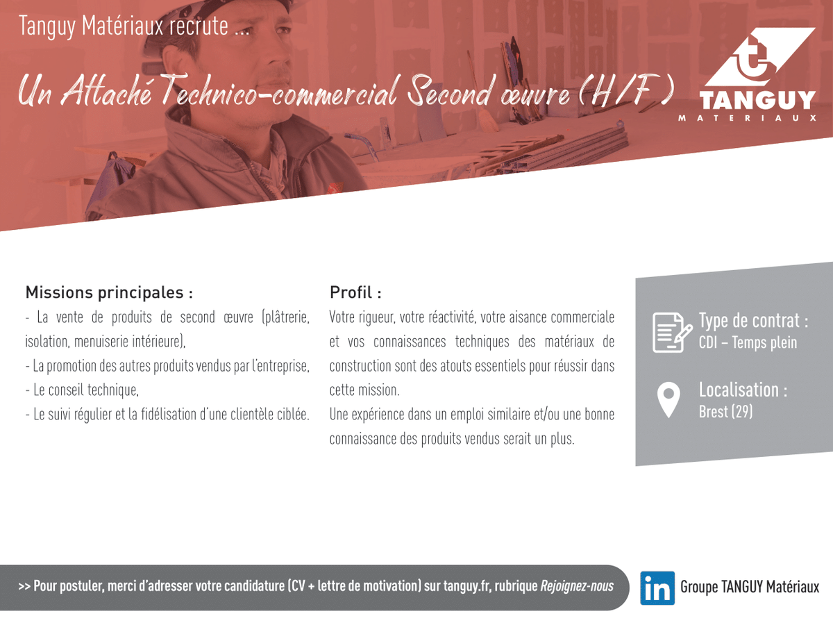 groupetanguy's tweet photo. [Recrutements]
La société Tanguy Matériaux recrute pour son agence de Brest (29) un Magasinier Cariste (H/F), un Attaché Technico-commercial Second œuvre et un Chef de parc (H/F).
✔️ Pour postuler, c'est par ici :  https://t.co/gGsl87PGmO https://t.co/THLkasE6gn