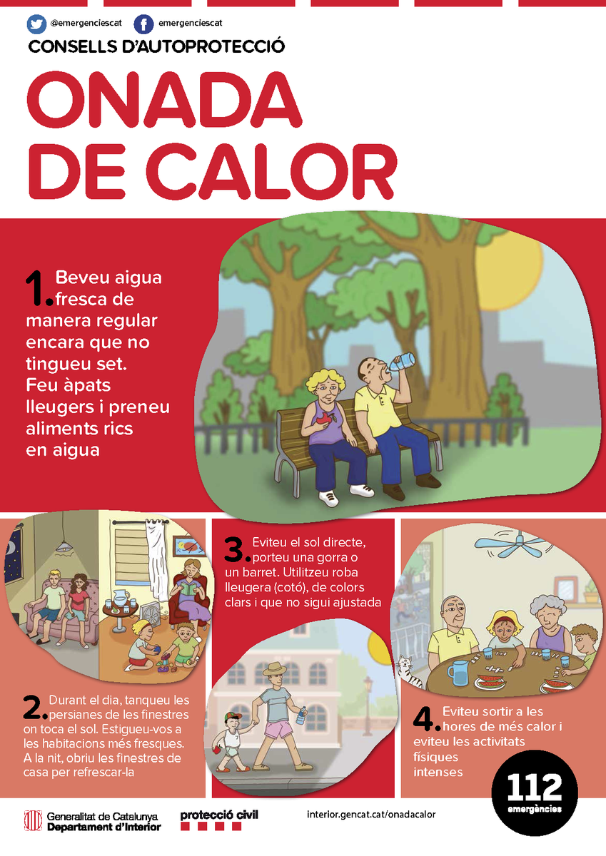 emergenciescat's tweet photo. ➡ Avui dilluns es poden registrar temperatures màximes extremes 🌡☀ a les comarques de #Lleida #CatalunyaCentral #AltPirineu i #Aran i l'extrem nord-est

Molta prudència, sobretot col·lectius més vulnerables 

#ProteccioCivil #calor https://t.co/c0MGcoDcTy