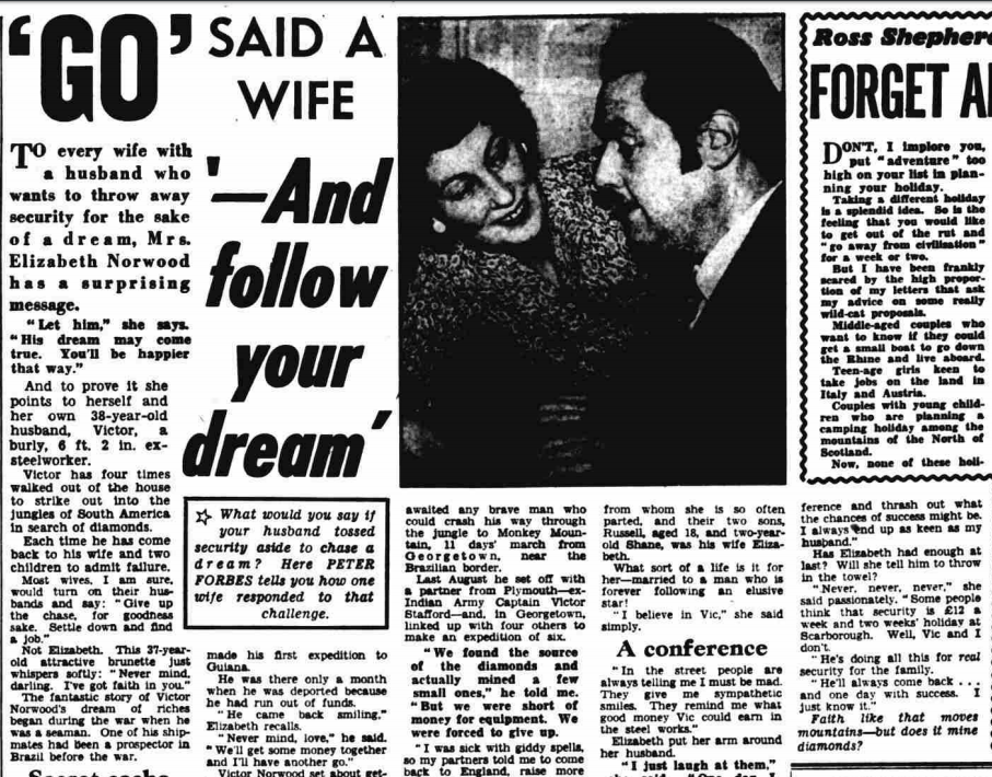 We next have a clipping from 1958 where his wife Elizabeth is more than happy for Victor to leave home. And he found diamonds! Just very small ones...
