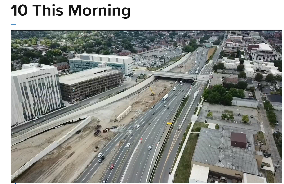 AngelaAn10TV's tweet photo. Super cool drone shots from #drone10 of the downtown Columbus split -- where there always seems to be construction. Now you can see from high above what's going on. @MollyBrewerTV has all the details on where you'll see #orangebarrels today. #10tv @10TV https://t.co/SyiVma2UXM
