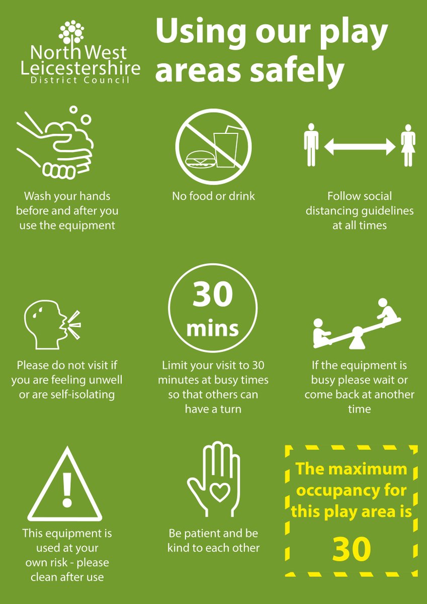 NWLeics's tweet photo. After the undertaking of comprehensive risk assessments for each of our playgrounds and outdoor gyms, we're pleased to announce we are ready to reopen these areas from today, Monday 27 July.

Signage will be in place so please take the time to read these and follow the guidance💚 https://t.co/1F393iimI3