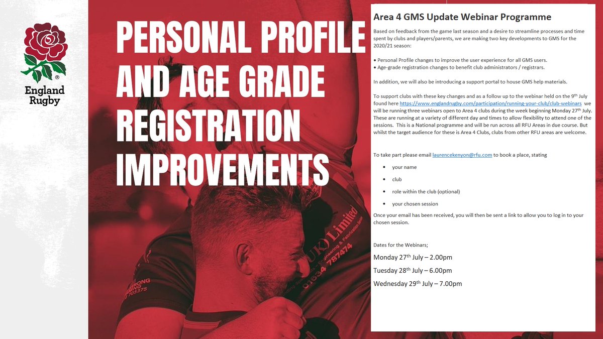 RFU_Facilities4's tweet photo. Don't forget to sign up for our GMS Webinars this week, focused on the changes to the Personal Profile Tab and Age Grade Rugby Registration @nldrfu @RFUWarwickshire @ECRURUGBY @EastMidsRugby @FOR_LRU @RDO_EastMids #makingpositivechanges #GMS #management #registrars https://t.co/Y6a6Wn6h4h