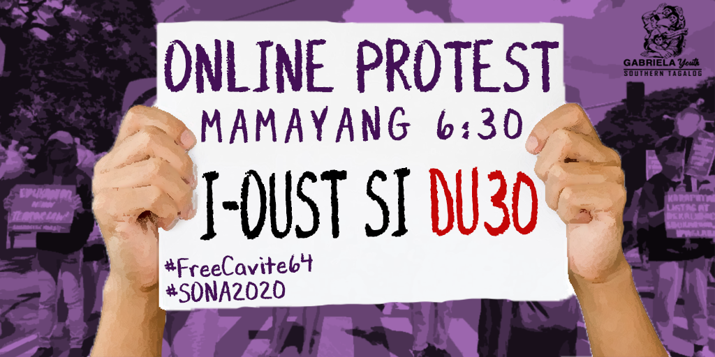 gabyouthST's tweet photo. Isa ka bang undercover tibak?
Strict ba ang parents mo? 
Hindi ka makapunta sa mob?
Certified keyboard warrior?

IF YES, SUMALI NA SA ONLINE RALLY MAMAYANG 6:30 PM, BITBIT ANG PANAWAGAN NG SAMBAYANAN!

#SONA2020 #OustDuterte #JunkAntiTerrorLaw #DefendSouthernTagalog #FreeCavite64 https://t.co/K6zTyyeBHG