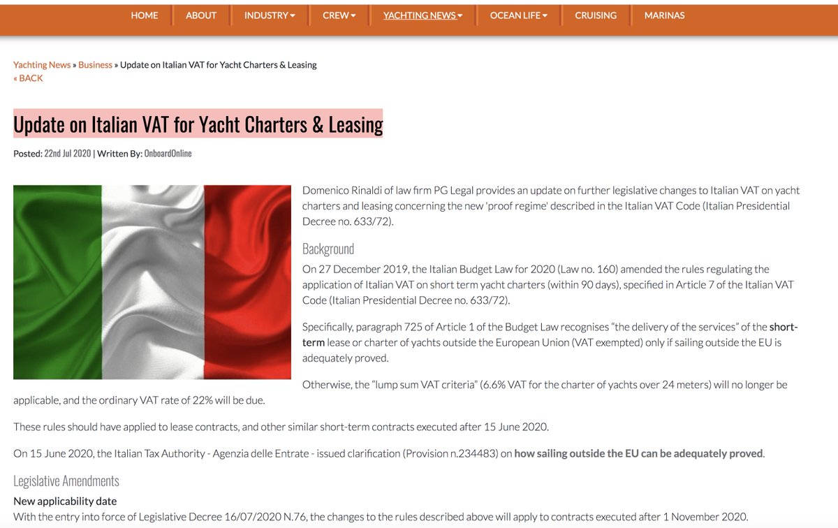 PG_Legal's tweet photo. [PG Legal In The Press] Update on Italian #VAT for #Yacht #Charters &amp; #Leasing #Italy For more on this, please read:
https://t.co/MmsOixQfmd https://t.co/8RFQQIOIIk