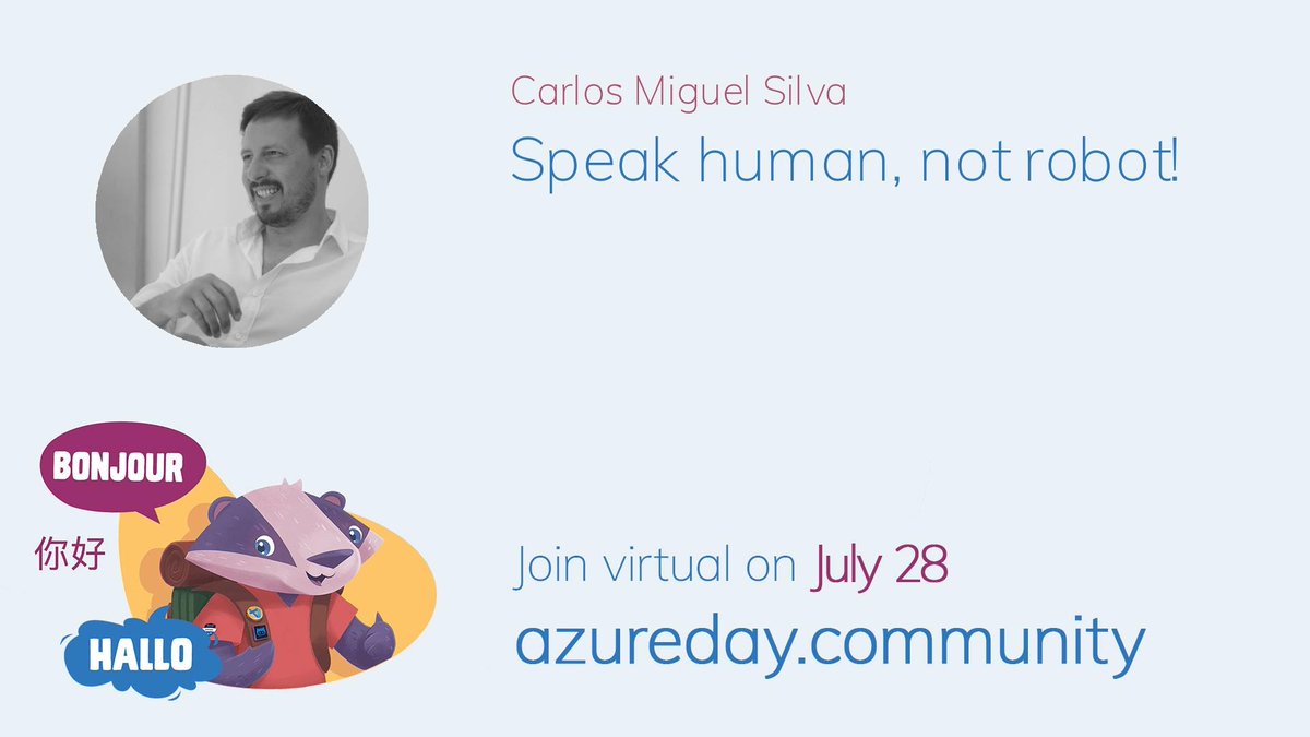 Msdev_PT's tweet photo. 🌏 #Virtual #Azure #Community #Day - 28 de julho - AMANHÃ
🙌 24 horas, 90 sessões
Speak Human, Not Robot é a primeira sessão da Track em Português (20h) com o @carlosmiguelsns!
Vê a agenda e junta-te: https://t.co/fqFjCIdDfM
#VACD #cloud #azure #Developers #MSDEV_pt https://t.co/qch32iy98V