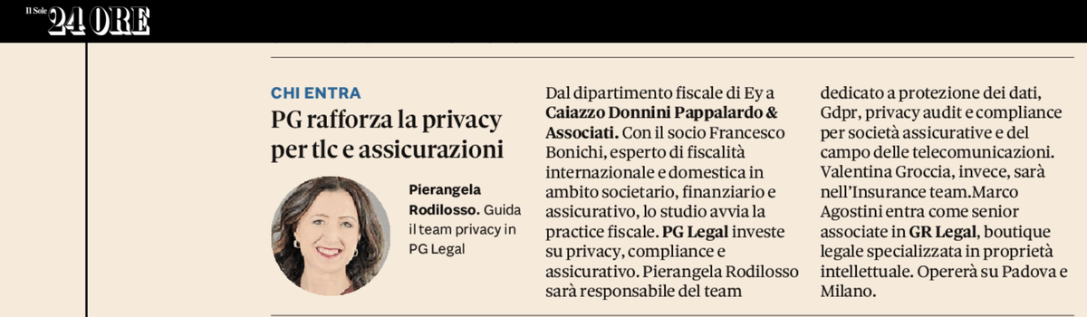 PG_Legal's tweet photo. [NEW ARRIVALS] MORE #PRIVACY, #COMPLIANCE AND #INSURANCE AT PG LEGAL WITH PIERANGELA RODILOSSO AND VALENTINA GROCCIA! PUBLISHED TODAY ON #DIARIOLEGALE BY #SOLE24ORE.

MANY THANKS FOR THIS TO Elena Pasquini! https://t.co/KZnAqbcb9L