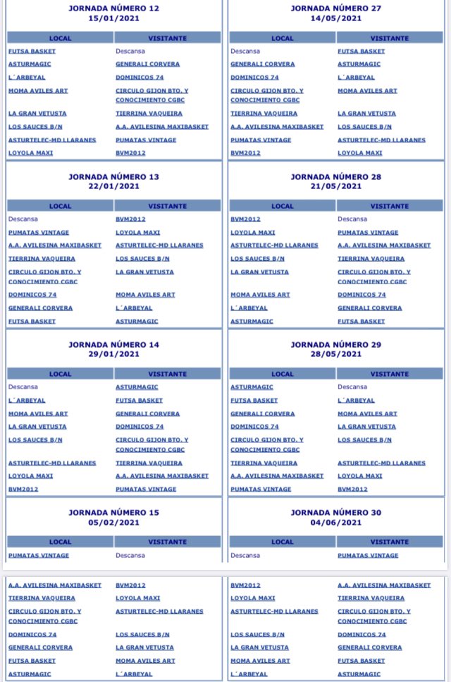 MaxibasketA's tweet photo. 🏀🏀Temporada 2020-2021🏀🏀

Ya tenemos calendario de la temporada 2020-2021.
Empezamos el 2 de octubre. Se une un nuevo equipo a la competición, Pumatas Vintage, a los que damos la bienvenida. @CanastAsturiana @asturbasket @TododeporteAstu @FBPA_asturias @ArbitrosFBPA https://t.co/g3y5EwWATY