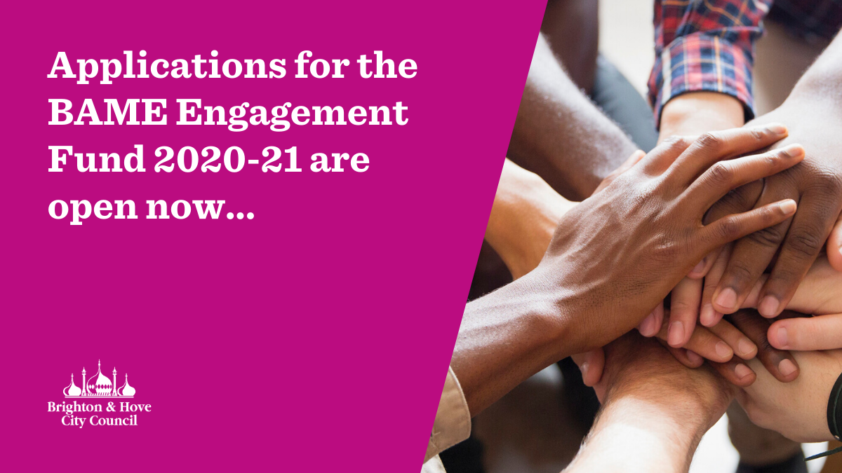 BrightonHoveCC's tweet photo. We’re running a webinar at 5.30pm tomorrow for anyone interested in applying for the BAME Engagement Fund.

The fund has been set up to support Black, Asian and Minority Ethnic community groups and voluntary organisations in the city.

More details at: https://t.co/LfpuM8KvSC https://t.co/x7V7tUEzDK
