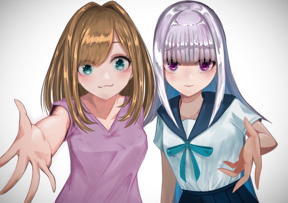 lize helesta ,suzuhara lulu multiple girls 2girls brown hair purple eyes :3 school uniform serafuku  illustration images