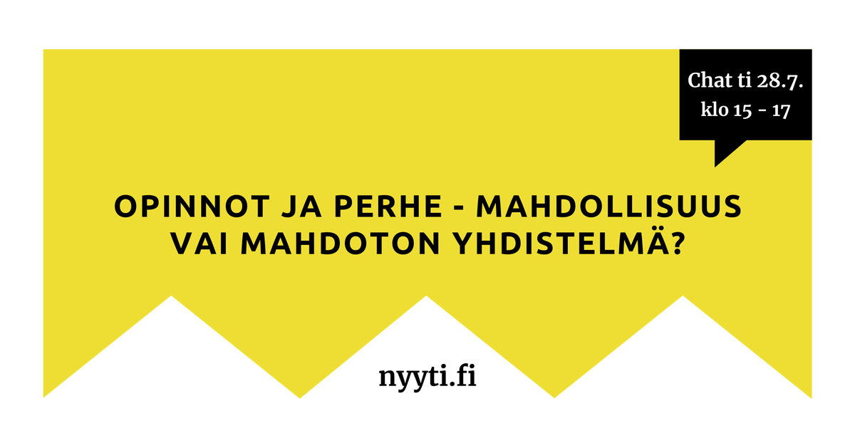 nyyti_ry's tweet photo. #Nyyti’n #chat’ssa jutellaan tiistaina 28.7. siitä, miten #perhearki ja #opinnot sovittuu yhteen. Miten se onnistui korona-keväänä ja millainen syksy on tulossa?  #opiskelija, tuu jakamaan mietteitä, vinkkejä ja mahdollista ahdistusta klo 15 – 17 >> https://t.co/RtuZyqDoCF https://t.co/mnjzgN8I0q