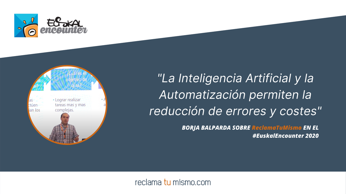reclamatumismo's tweet photo. Borja Balparda, CEO de #DataValueManagement analiza en el #EE28 #EuskalEncounter el uso de la Inteligencia Artificial en proyectos empresariales como el de ReclamaTuMismo 🔎 https://t.co/7c929QbbZD