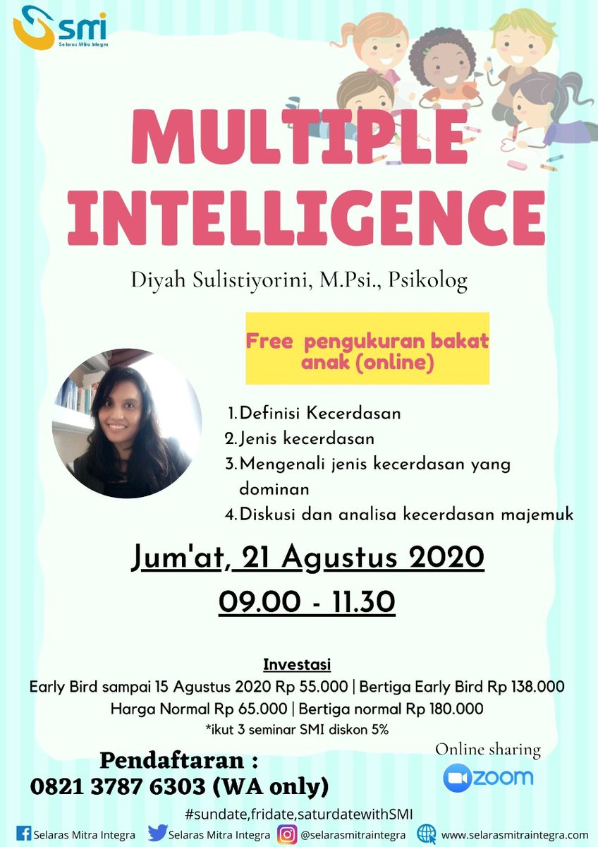 Multiple Intelligence Seminar - Free pengukuran bakat anak (online)
Jumat, 21 Agustus 2020 Pukul 09.00 - 11.30 via zoom

#seminaranak #seminarparentingsurabaya #seminarparenting #seminarorangtua #kecerdasananak #tumbuhkembanganak #perkembanganbayi #perkembangananak