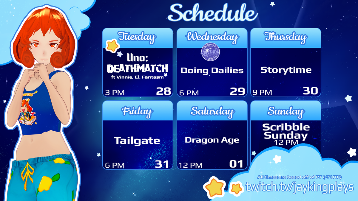 jaykingwrites's tweet photo. *Insert News Theme* Hello and welcome to the Past Jay Report. BREAKING NEWS: IT'S SCHEDULE TIME! Here's the schedule, and remember because I'm a #WizardsCreator , Magic Streams are #sponsored 

#univirtuals https://t.co/wkFfuUkLCI